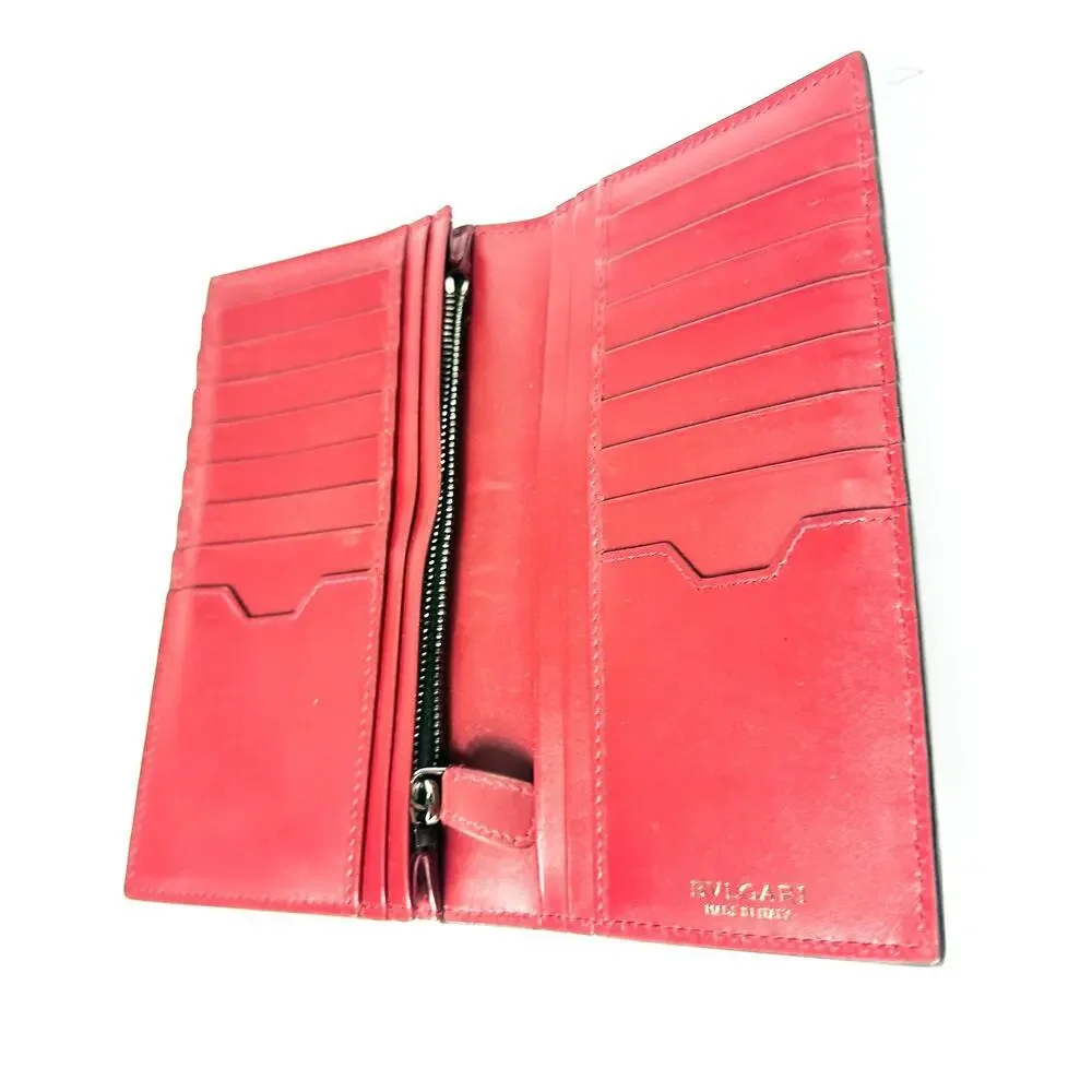 BVLGARI Black Pebbled Calfskin Leather Long Bifold Wallet Unisex‎ Metal Logo